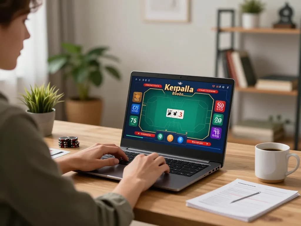 Engaging in online poker strategies at trang chủ 98win with a laptop in a cozy home setting.