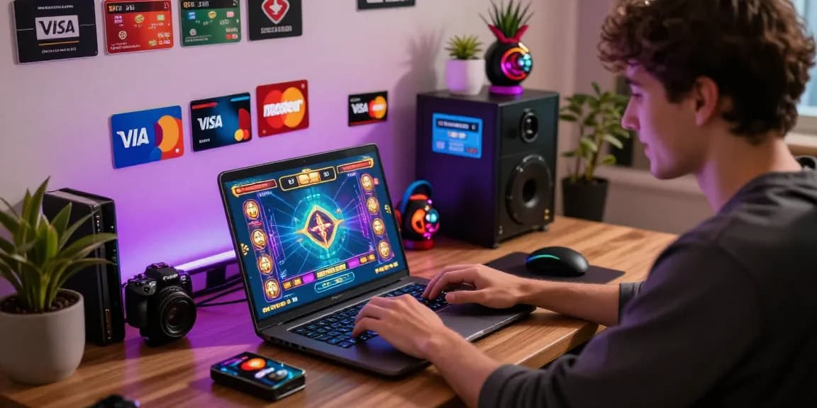 Engaging user at credit card online casinos, playing on a laptop with vibrant game graphics and credit card brand elements in a modern home office setting.