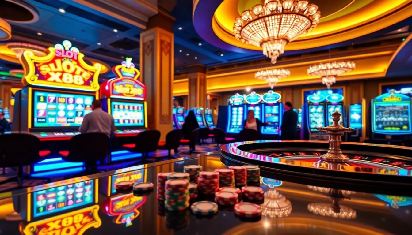 Engaging scene of players enjoying the slot x88 games in a luxurious casino environment.