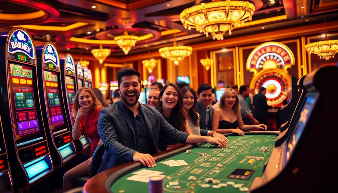 Excited players enjoy slot bonus new member perks at a vibrant casino.