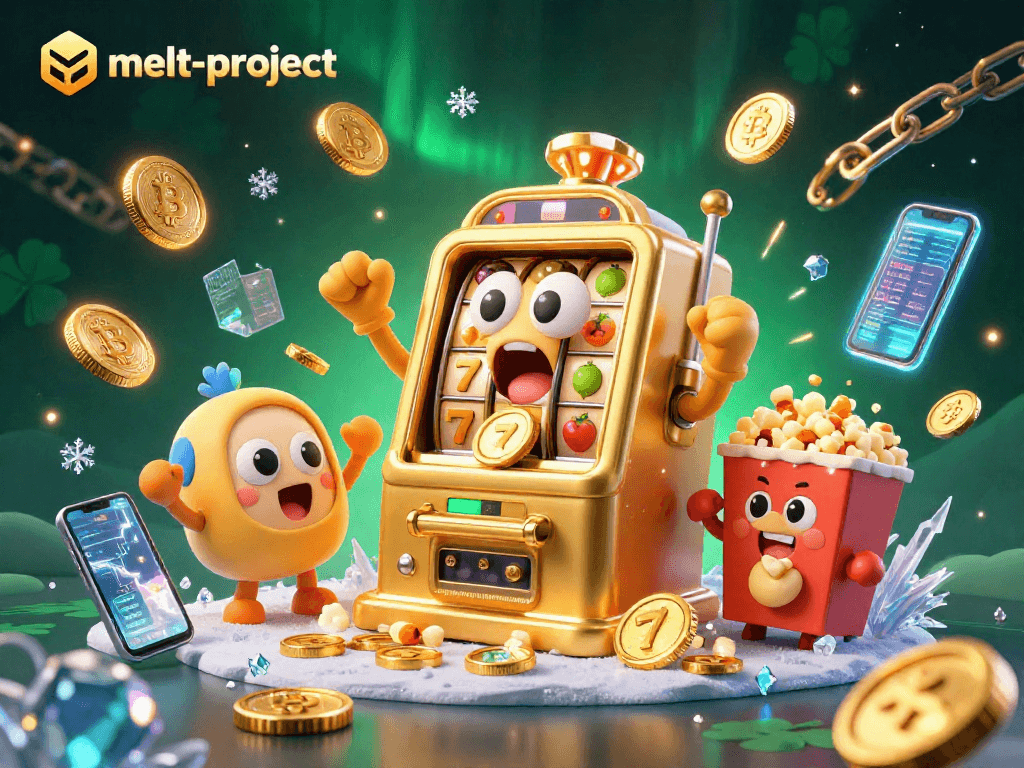 Experience the melt-project casino excitement with a golden slot machine winning big amidst dynamic 3D elements.