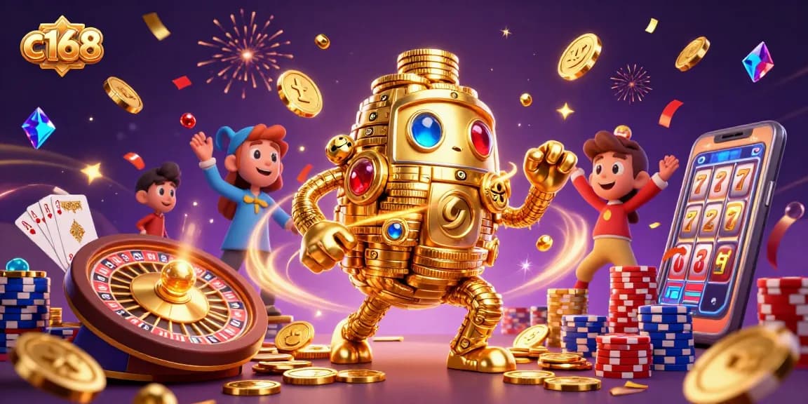 Experience the thrill of c168 with a golden golem amid cascading coins, roulette, and vibrant casino elements.