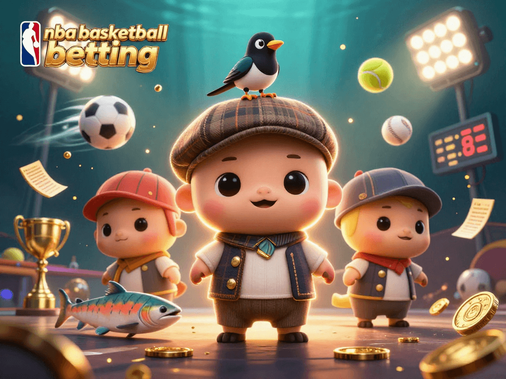 Engage in nba basketball betting with a playful scene of cartoon characters, sports balls, and vibrant elements.