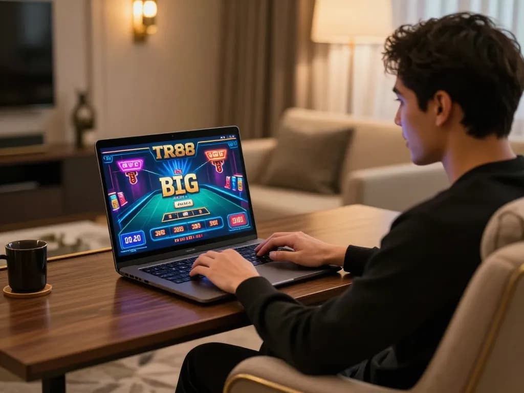 Engaging with TR88 game on a laptop, immersed in an online casino atmosphere.