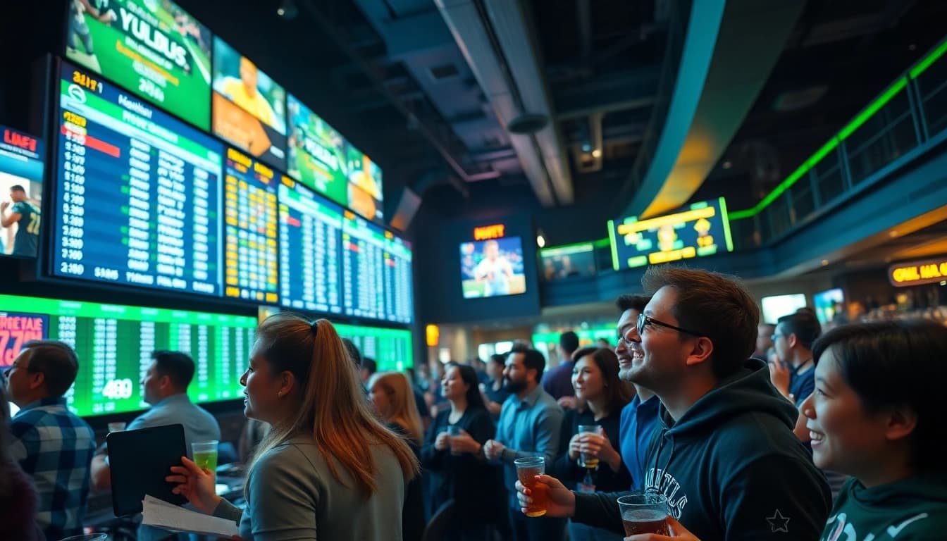 Bettors engaged in Sports Betting at a lively sportsbook with live odds displayed.