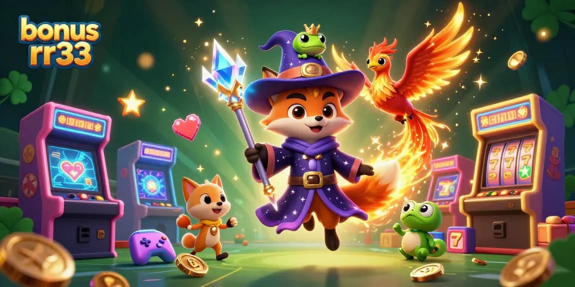 Engage with bonus rr33 through a magical casino adventure featuring a wizard fox, phoenix, and vibrant gaming elements.