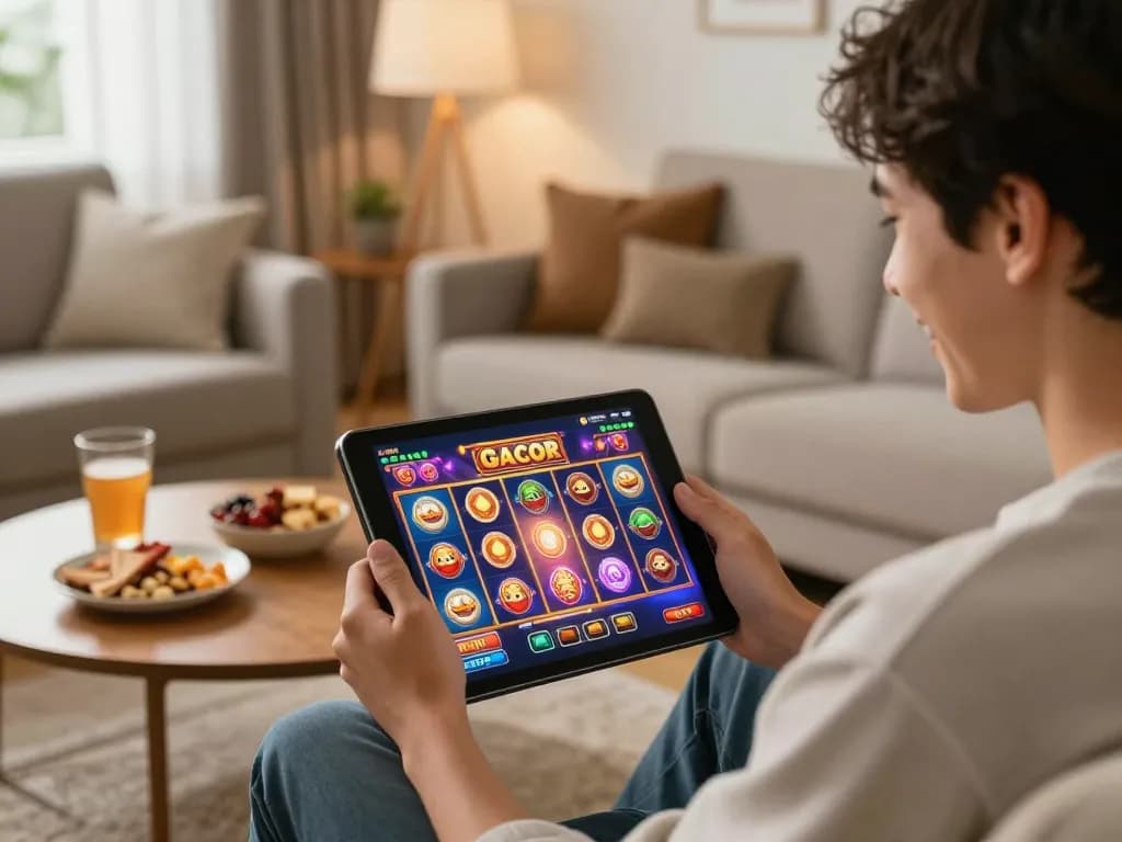 Engaging gameplay of slot gacor on tablet in cozy home setting with warm ambiance.