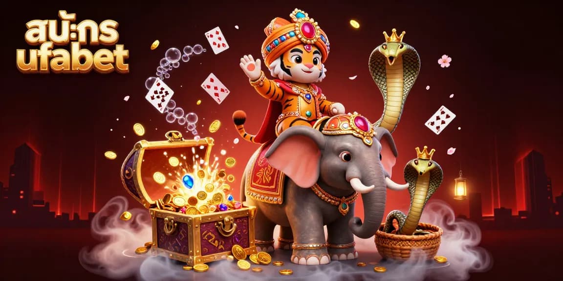 Engage with สมัคร ufabet through the vibrant scene of a royal maharaja tiger, elephant, and treasure.