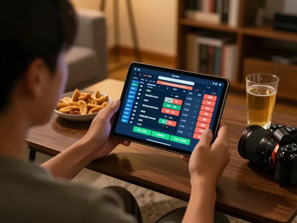 Engaging in kèo bóng đá trực tuyến sports betting at home, analyzing bets on tablet.