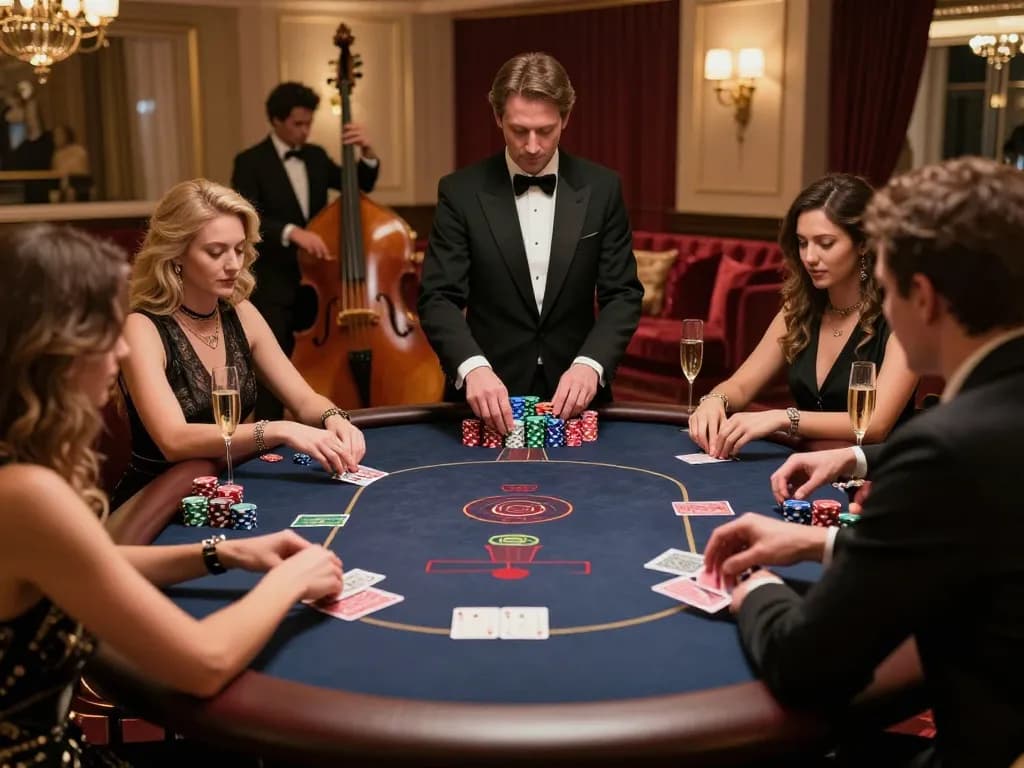 Iwinclub players enjoying strategic high-stakes poker in a luxury casino.