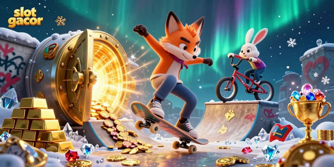 Menangkan slot gacor dengan seekor rubah skateboarder melintasi chip poker emas dan kelinci BMX melakukan trik di latar belakang grafiti simbol kasino.