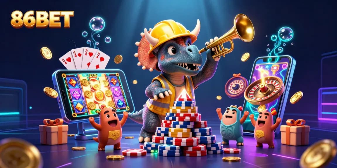 Win big at 86BET with vibrant slots and cheering dinosaurs celebrating success!
