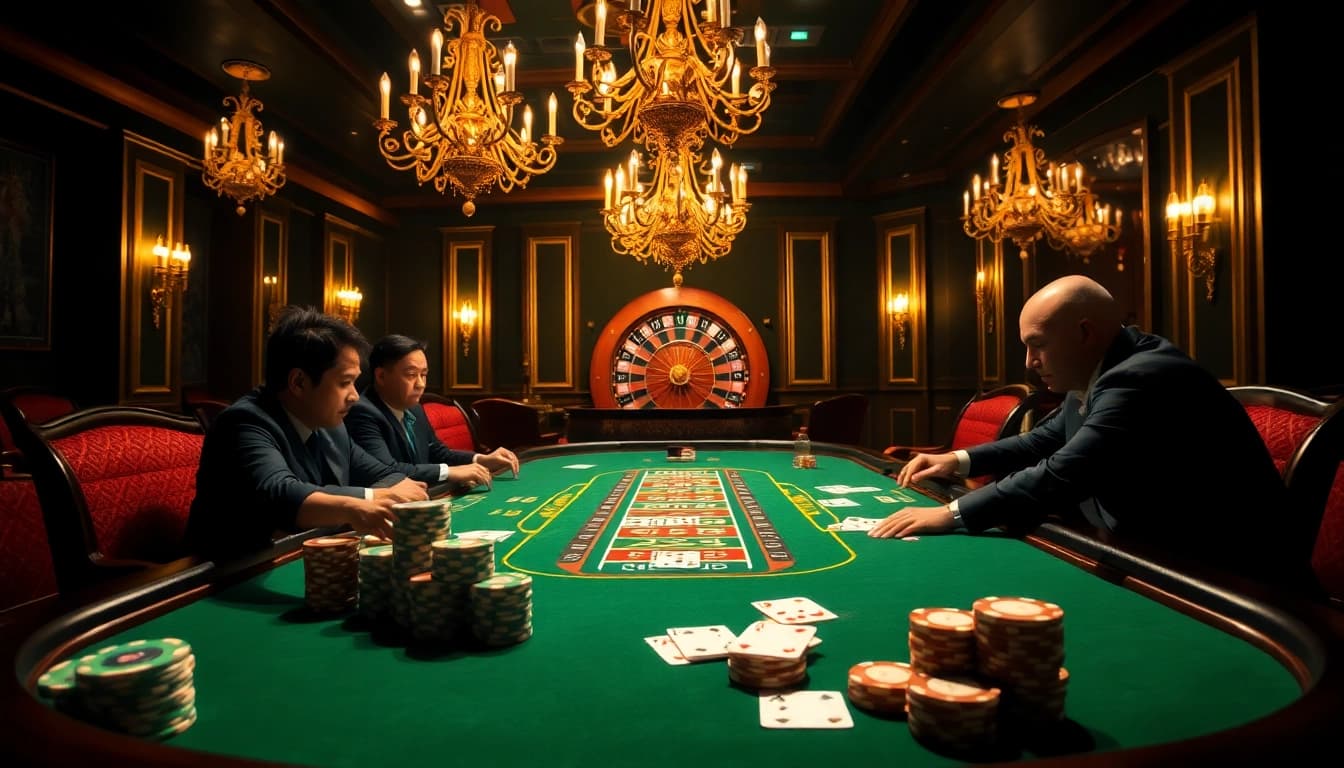 Meja poker menunjukkan suasana kemenangan Datuk dengan chip, kartu, dan kegembiraan di kasino yang elegan.