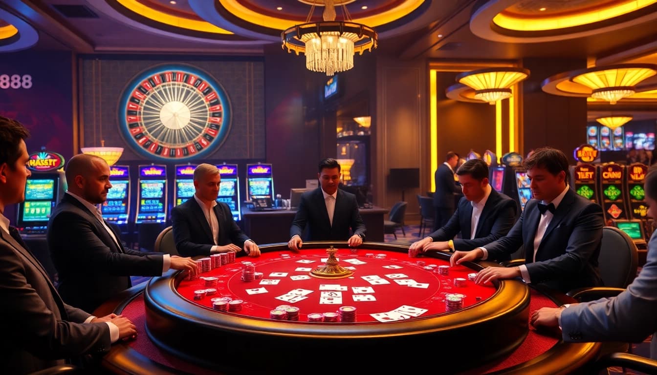 hay88 gamblers enjoying a high-stakes poker game at an elegant casino table