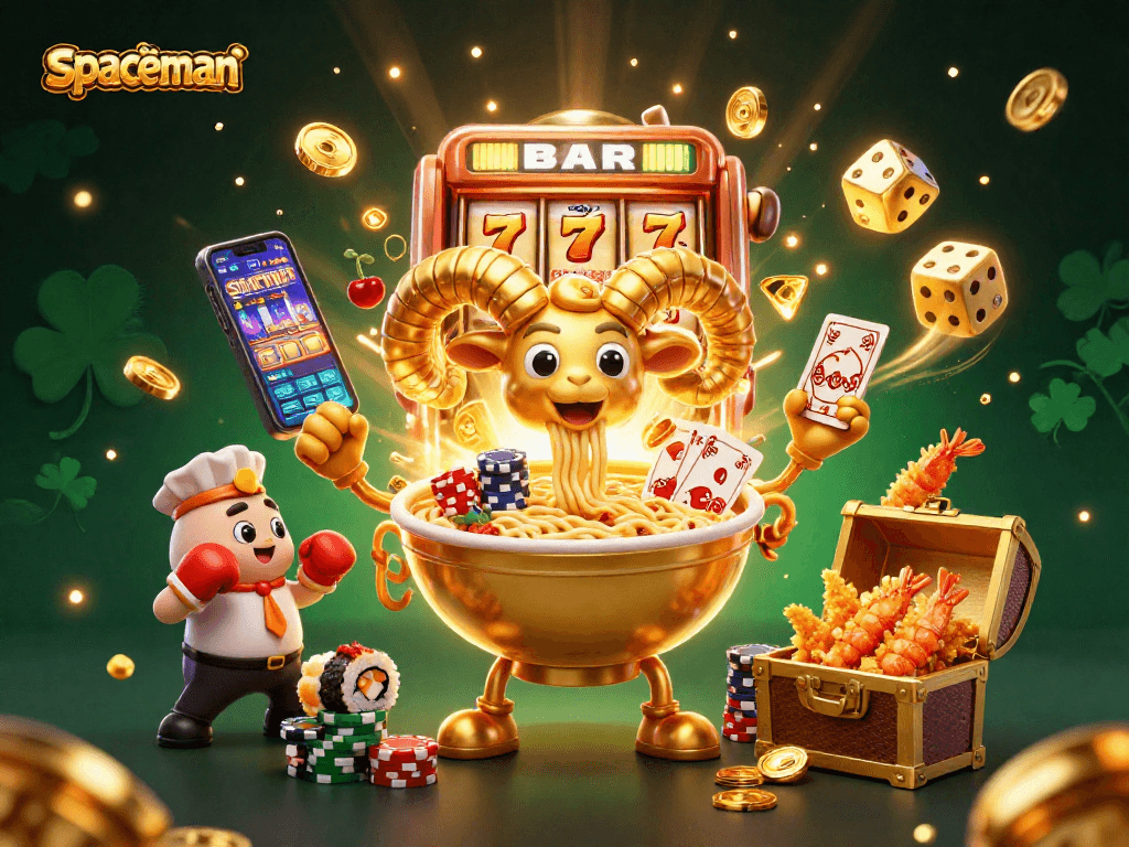 Engage with the spaceman theme in an ultra-detailed casino illustration featuring vibrant characters and rich gaming elements.