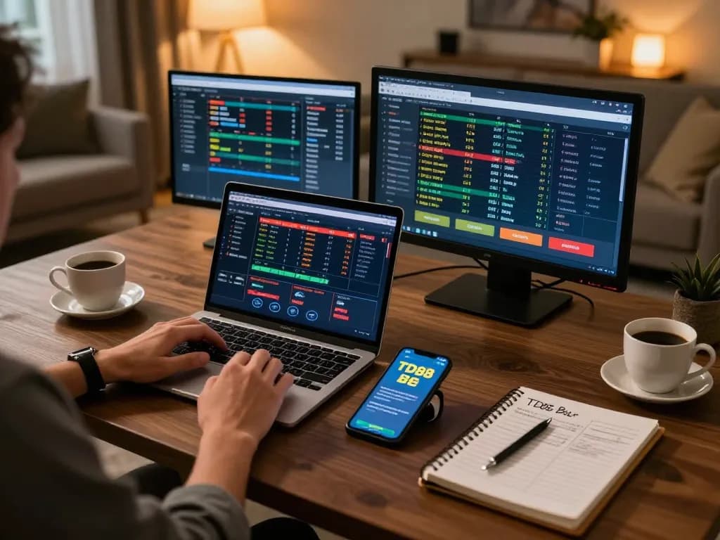 Engaging in TD88 bet analysis at home, a player strategizes with laptop and smartphone in a cozy environment.