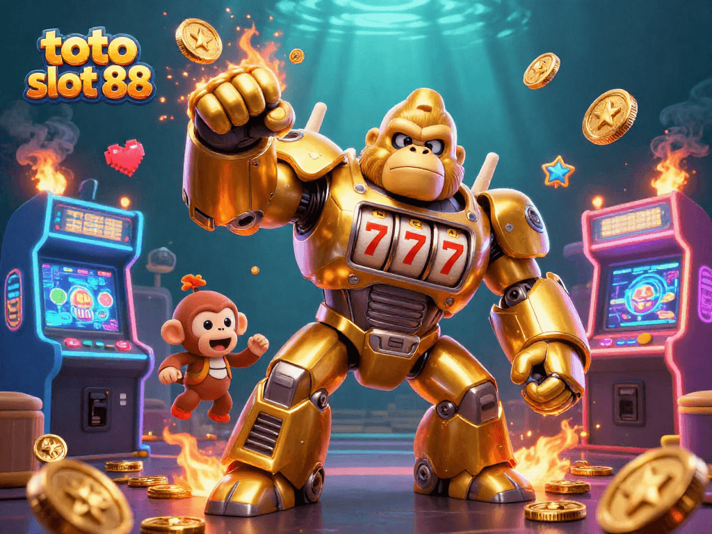 Experience the excitement of toto slot 88 with a golden gorilla mech slot machine bursting with coins!