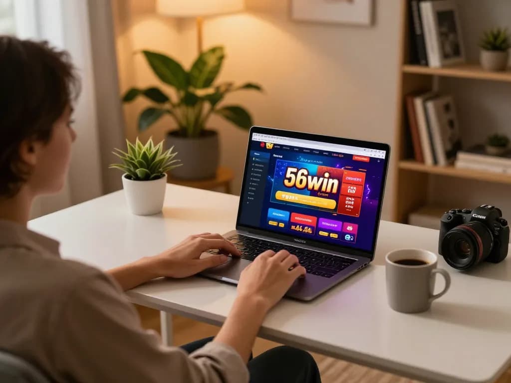 56win user placing bets on an online casino game, enjoying a cozy home atmosphere.