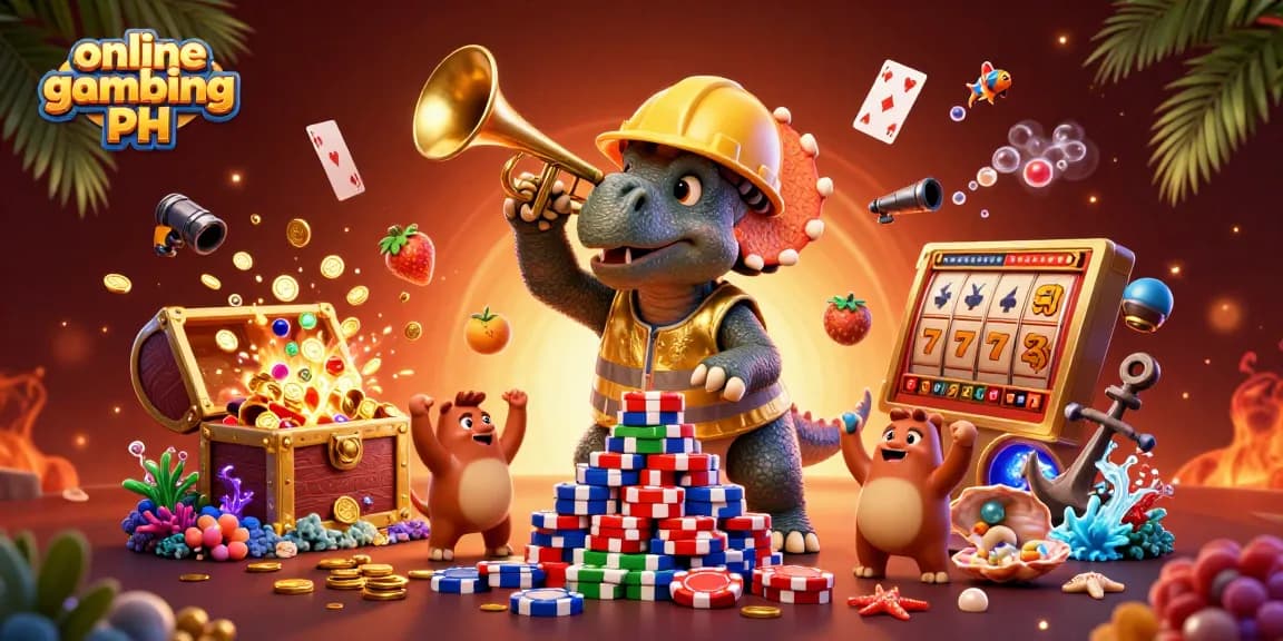 Engaging dynamic scene representing online gambling PH with a triceratops building poker chip pyramid.