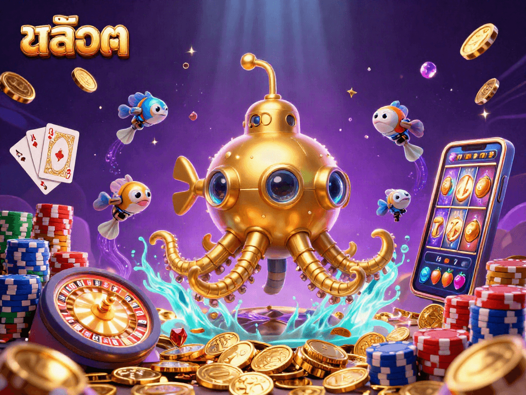 Engaging and dynamic scene of สล็อต with a golden kraken submarine and casino elements.