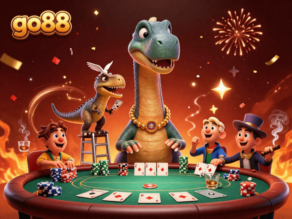 Engage with the exciting poker scene at go88 as a dinosaur and raptor create dynamic gameplay.