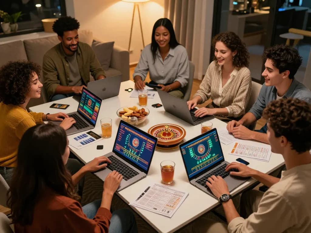 Friends enjoying a lively online gaming session while strategizing betting with casinosscope.