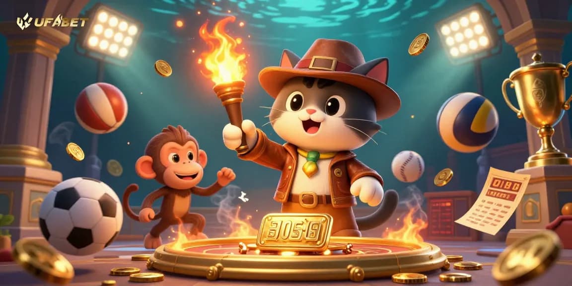 Place bets at UFABET and discover a golden casino artifact in this vibrant adventure illustration.
