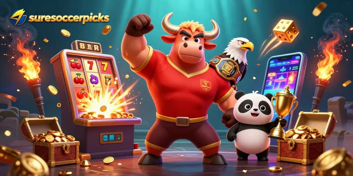 Suresoccerpicks showcases energetic winning strategies with a dynamic 3D casino scene featuring a bull mascot, eagle, and panda.