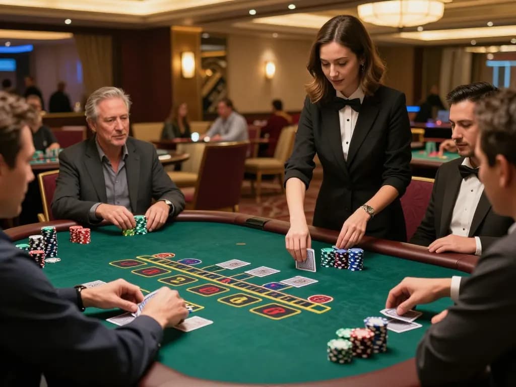 Engaged players participating in nk 88 blackjack game at an upscale casino.