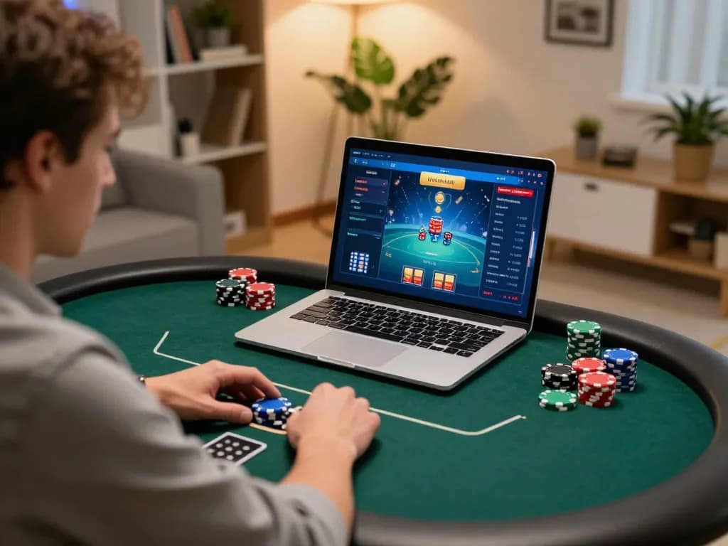 Nha cai uy tin online poker gameplay at home, showing player focused on vibrant poker interface.