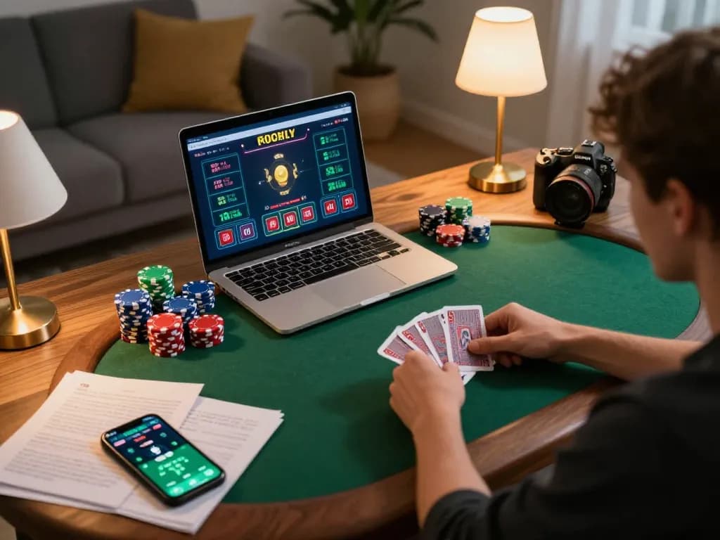 Open88 player strategizing in online poker game, showcasing dynamic gameplay and cozy atmosphere.