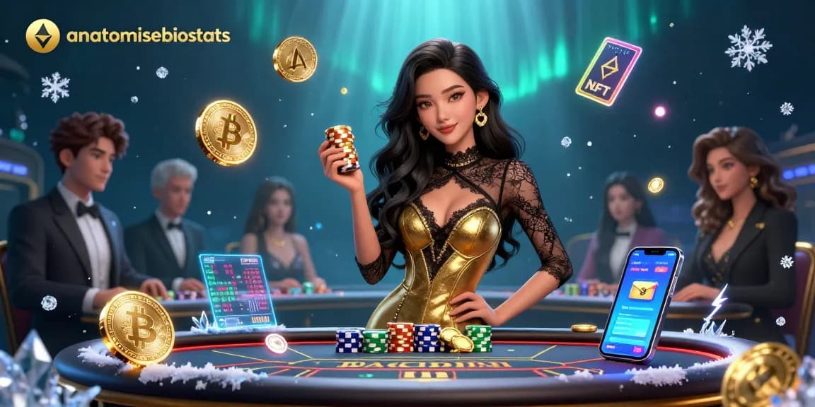 Engage with the exclusive VIP baccarat table scene, where the confident character represents anatomisebiostats, showcasing golden casino chips.