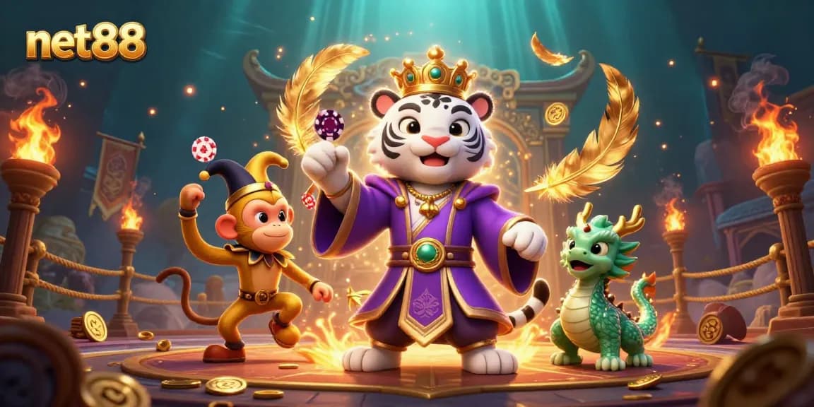 net88 showcases a vibrant scene with a white tiger, playful monkey, and jade dragon in an engaging casino environment.
