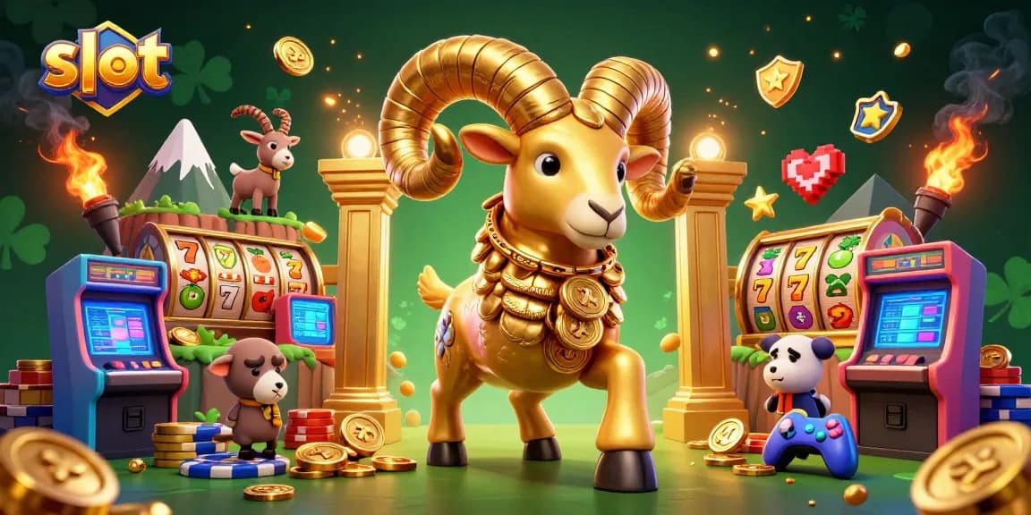 Engage with slot reels and golden elements in this vibrant 3D casino illustration featuring a playful golden ram.