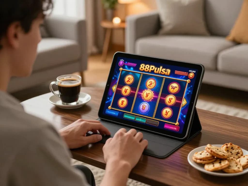 Pemain menikmati 88Pulsa di tablet dengan grafik slot berwarna-warni, pengaturan permainan di rumah yang nyaman.