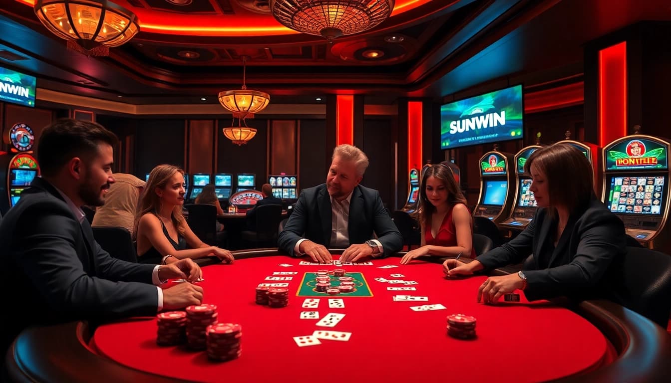 Players enjoying a high-stakes game at Sunwin's luxurious poker table.