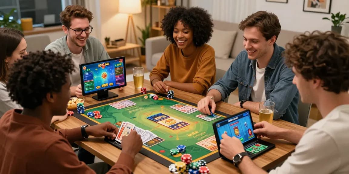 Diverse group enjoying card games on the 68gamebai platform in a cozy living room setting, showcasing vibrant gameplay on their devices.