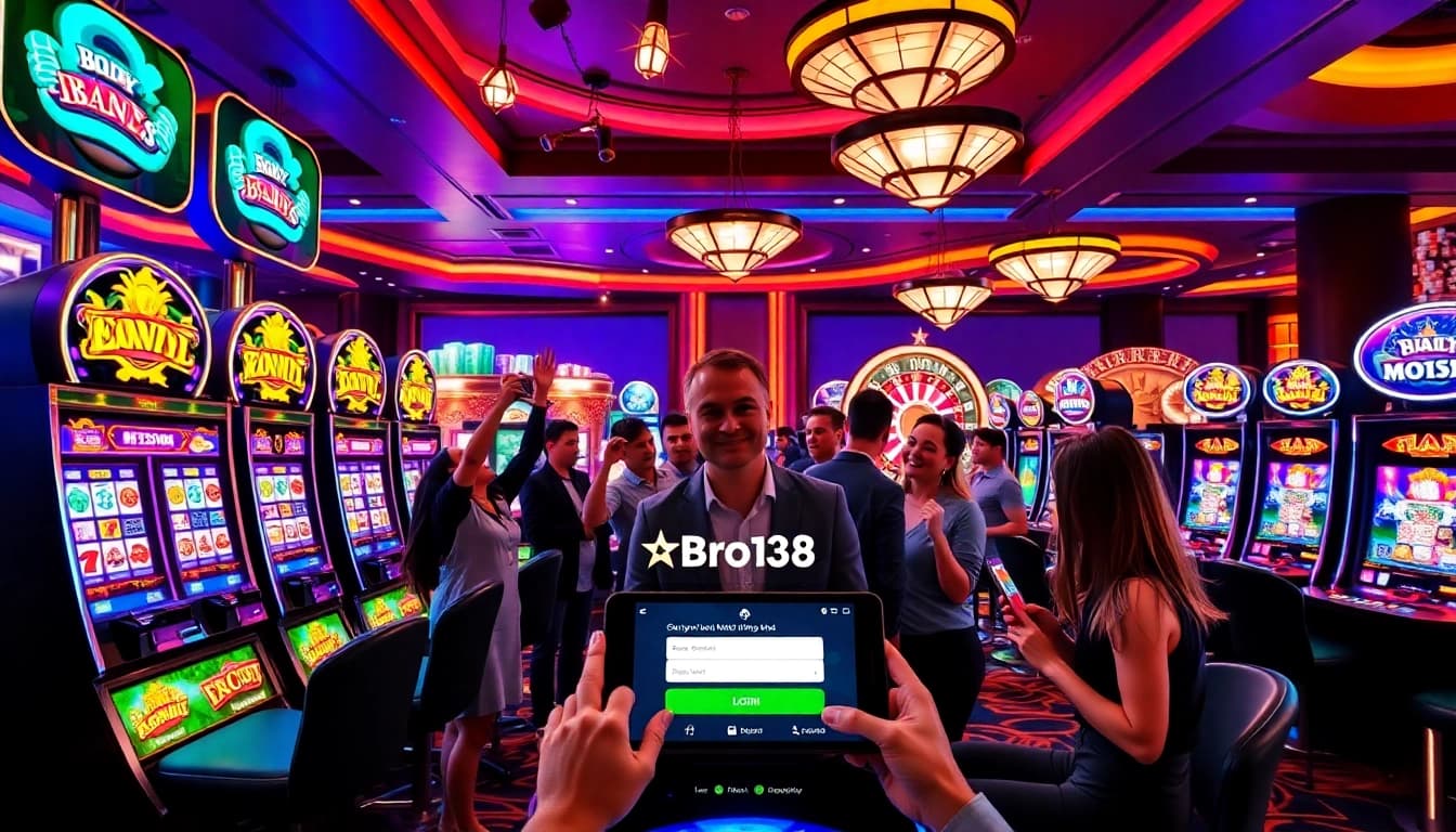 Players engaging with bro138 login while celebrating wins at vibrant casino slot machines.