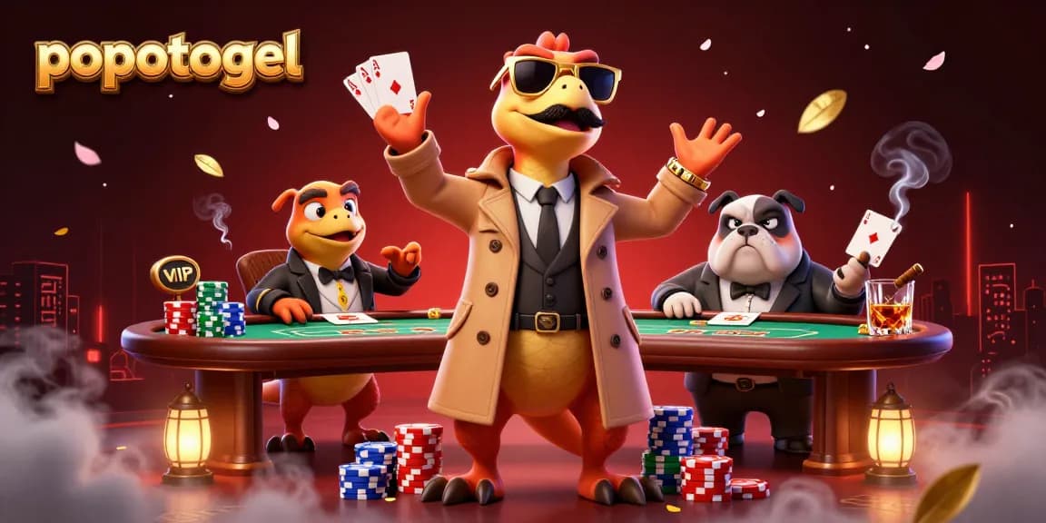 Experience popotogel excitement with three cartoon raptors in disguise entering a casino scene.