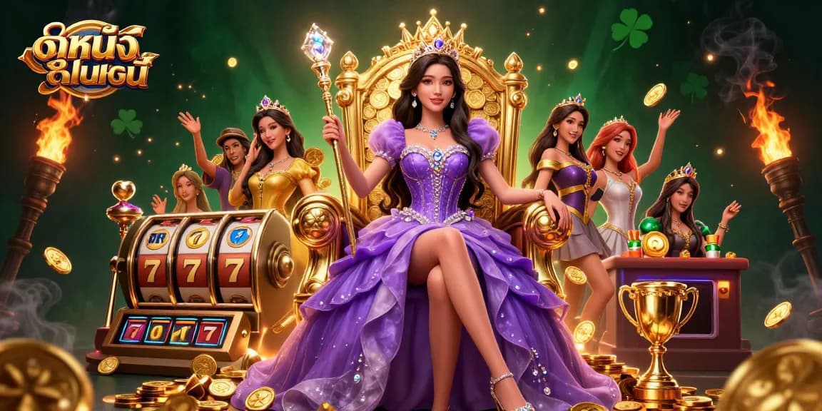 Engage with ดูหนังออนไลน์ by experiencing a vibrant casino atmosphere filled with dynamic slot reels and golden trophies.