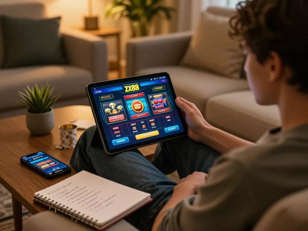 Engaged user exploring zx88 casino app on a tablet in a cozy home setting
