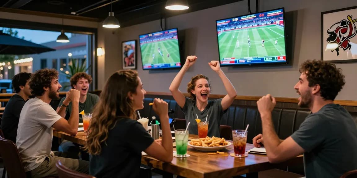 Friends enjoying live sports at 28bet's vibrant venue, celebrating exciting betting moments.