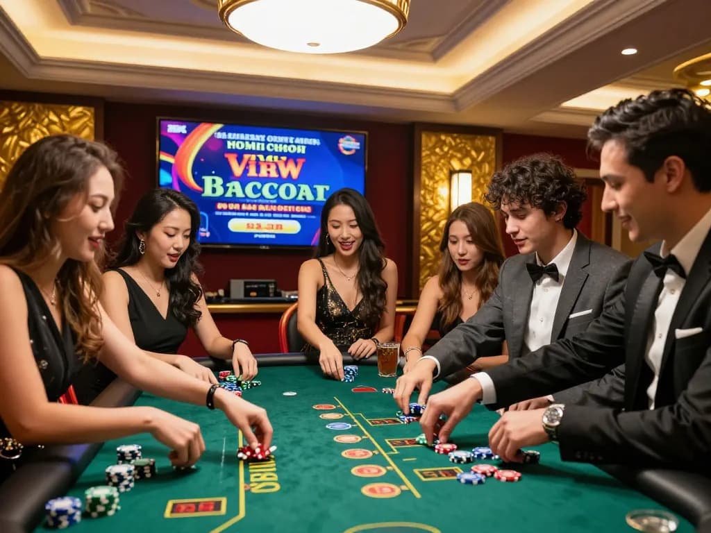 Friends engaging in free credit baccarat gaming at a lively casino table, vibrant atmosphere with colorful chips and promotions.