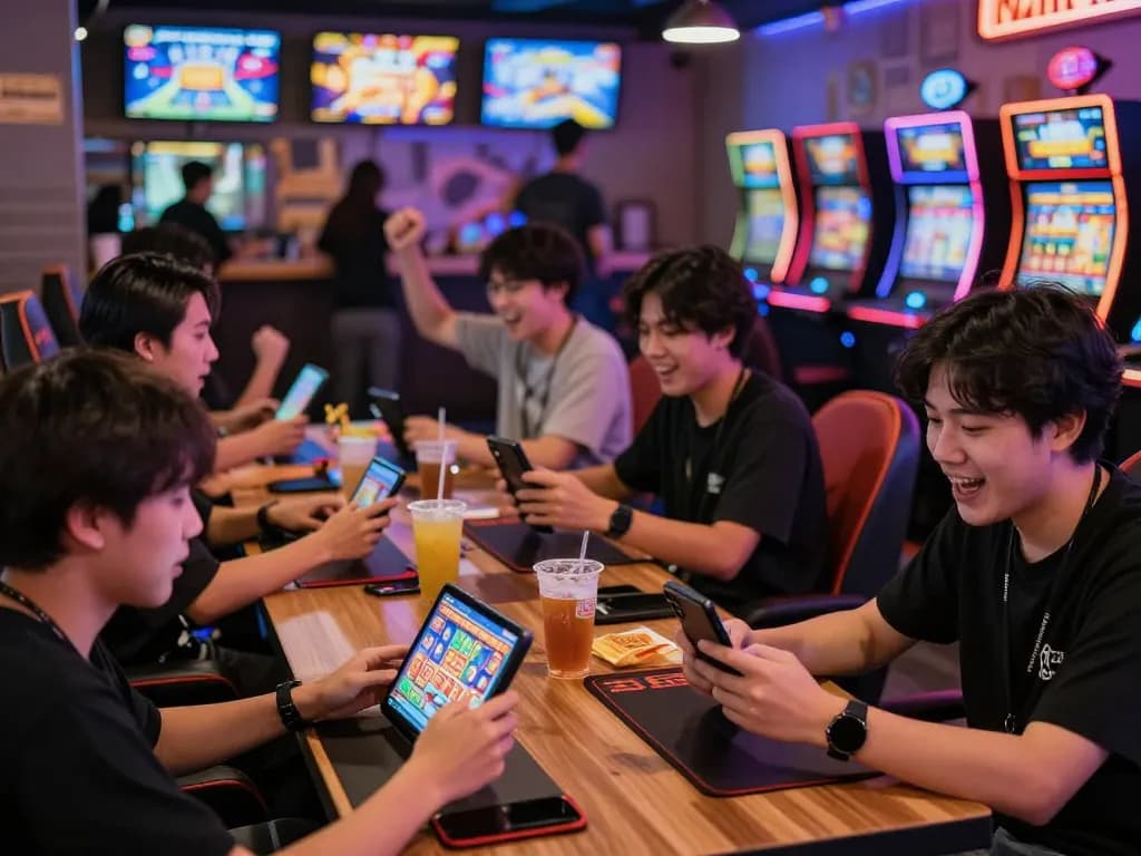Pemain menikmati slot link gacor di kafe permainan yang cerah, merayakan kemenangan dengan kegembiraan dan energi.