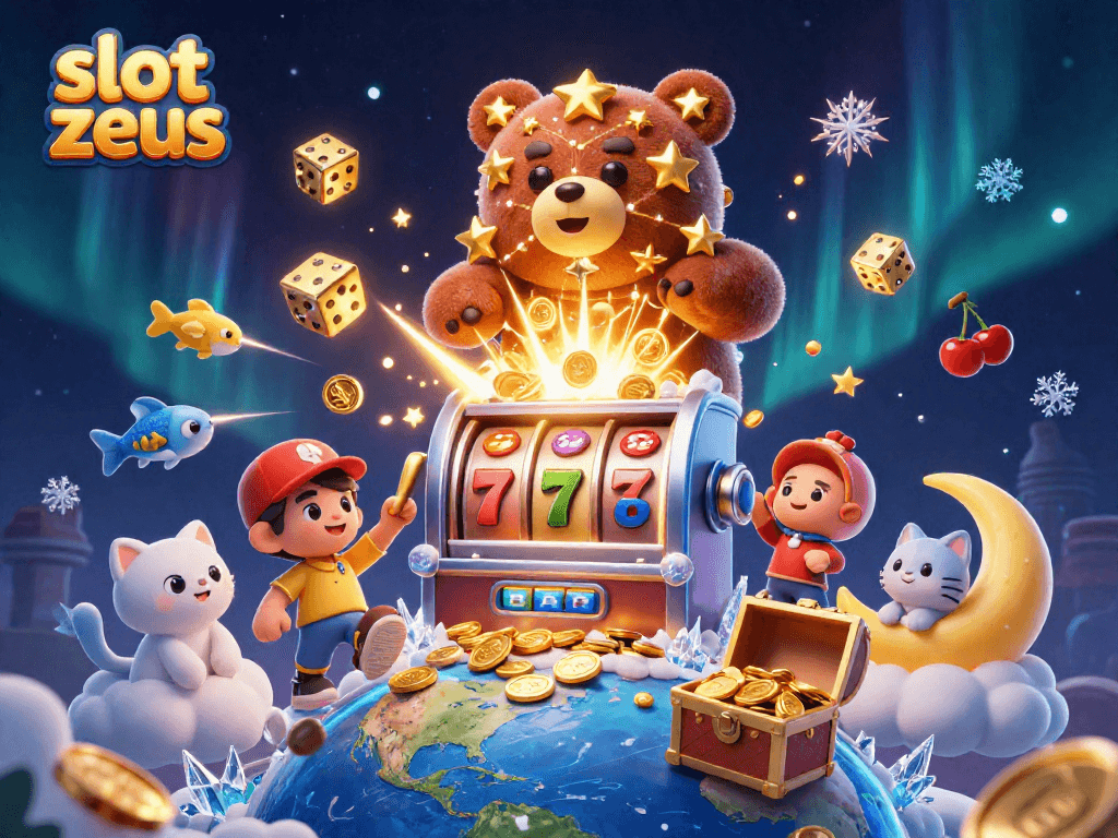 Win big with slot zeus, a 3D slot machine explosion showering coins and symbols in a cosmic scene.