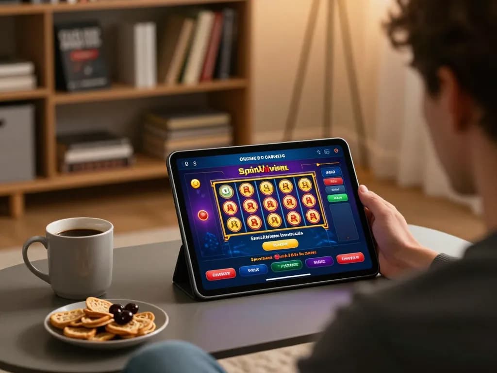 SpinAdvisor player engaging with slot app on tablet in a cozy home setting.
