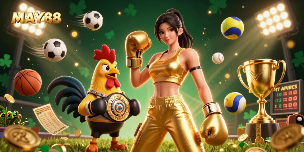 MAY88 enhances gameplay with vibrant 3D illustration of sports betting featuring dynamic characters and exciting casino elements.