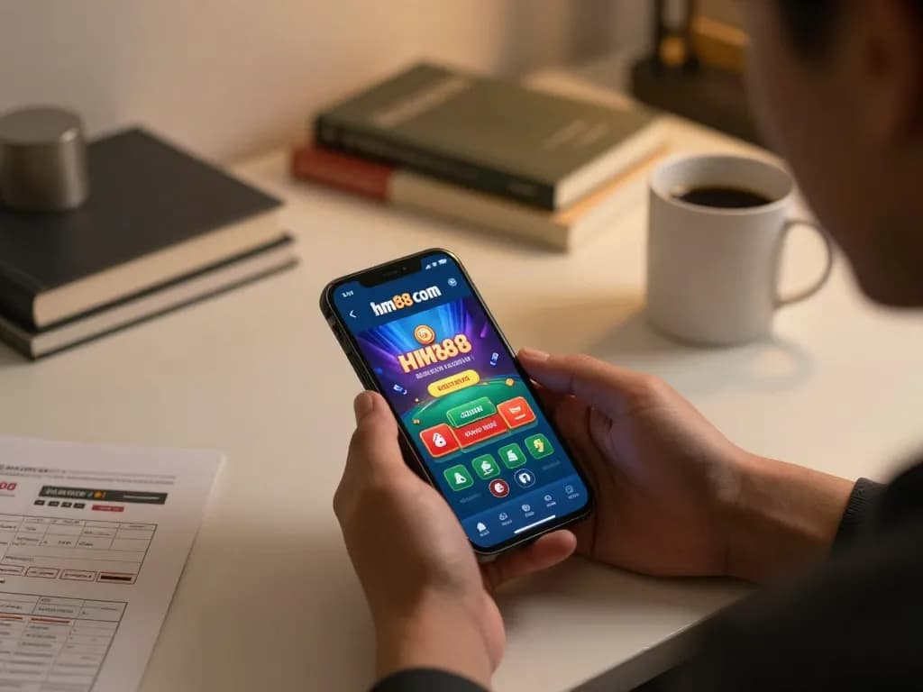 Engaging user navigating the hm88 com casino app on a smartphone for strategic betting.