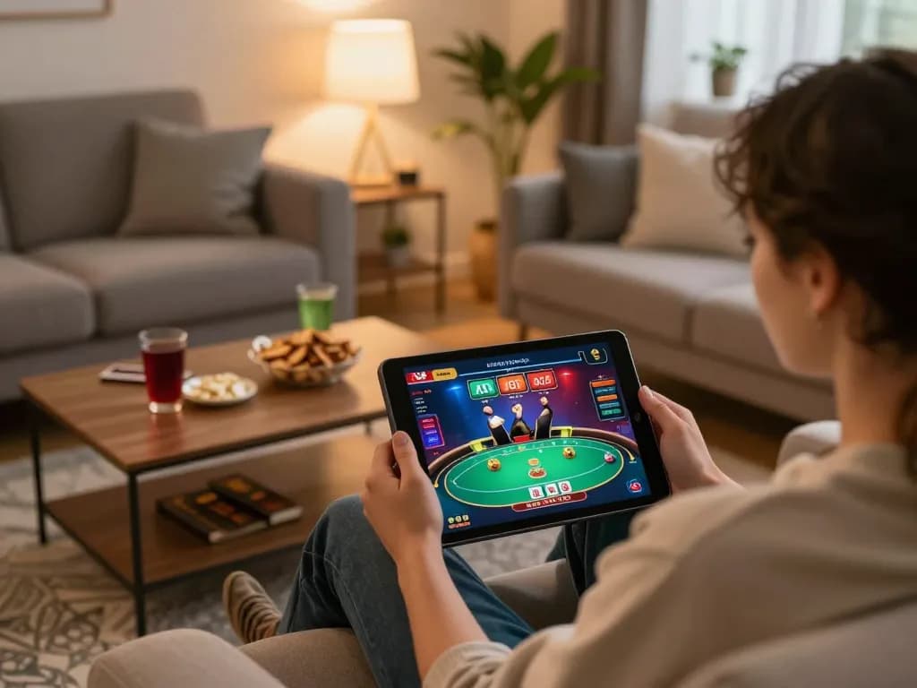 Engaging gameplay on Canadian online casinos shown on a tablet in a cozy home environment.
