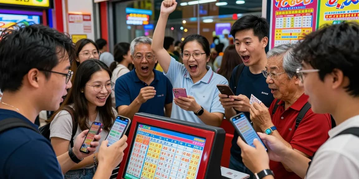 Toto 4D players celebrating excitement at a lottery kiosk with digital results display.